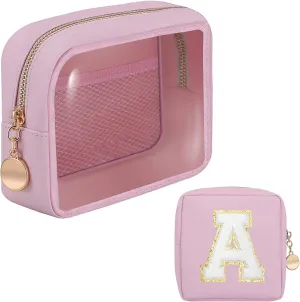 Personalized Initial Clear Bags Set, Clear Cosmetic Bags,Make Up Pouches, Clear Pouch for Organization, Clear Toiletry Travel Bag,Gifts for Women (A, Pink (1 Mini))