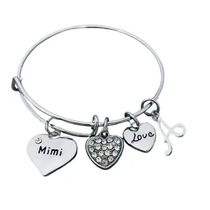Personalized Mimi Bangle Bracelet with Letter Charm, Custom Mimi Jewelry, Mothers Day Jewelry, Gift for Her