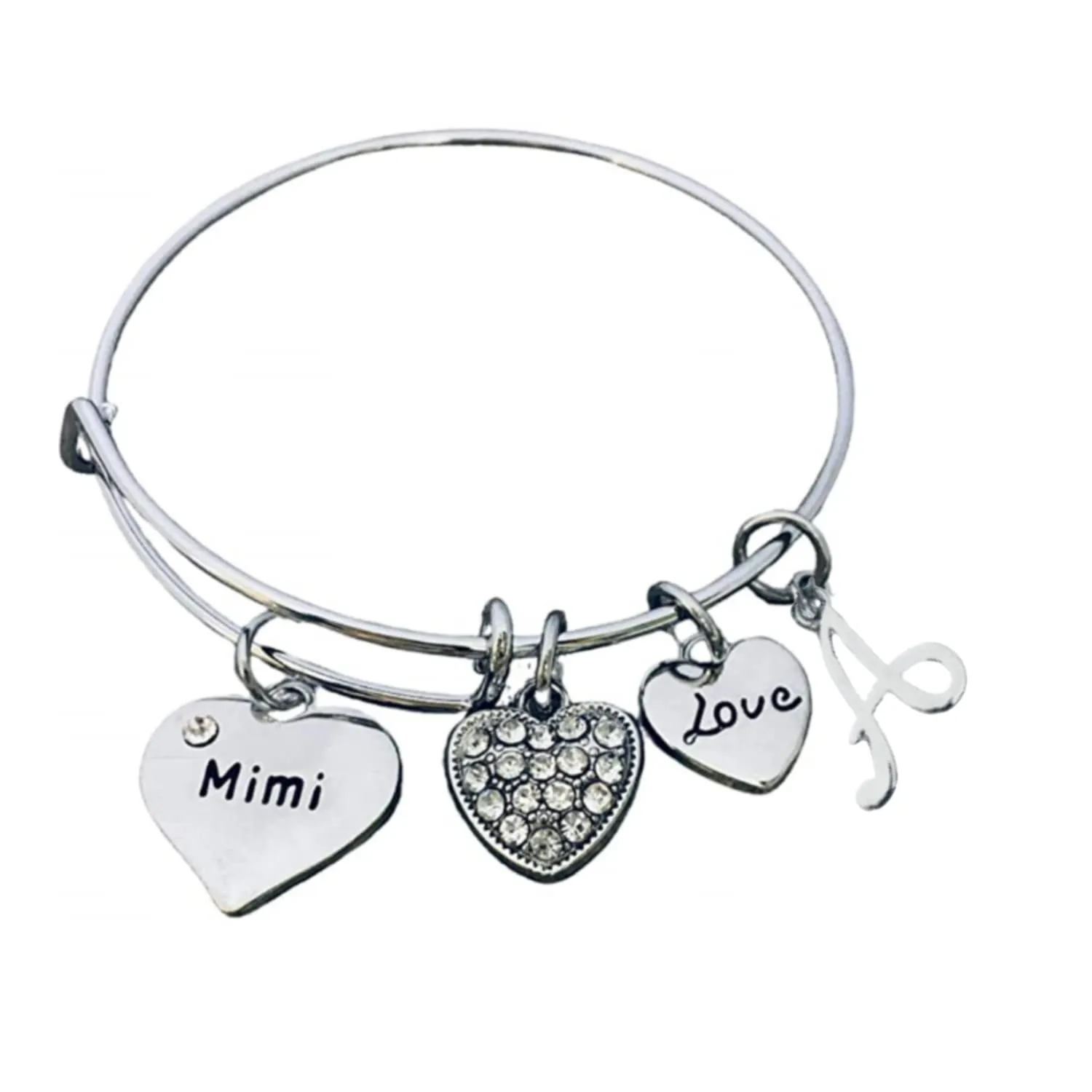 Personalized Mimi Bangle Bracelet with Letter Charm, Custom Mimi Jewelry, Mothers Day Jewelry, Gift for Her