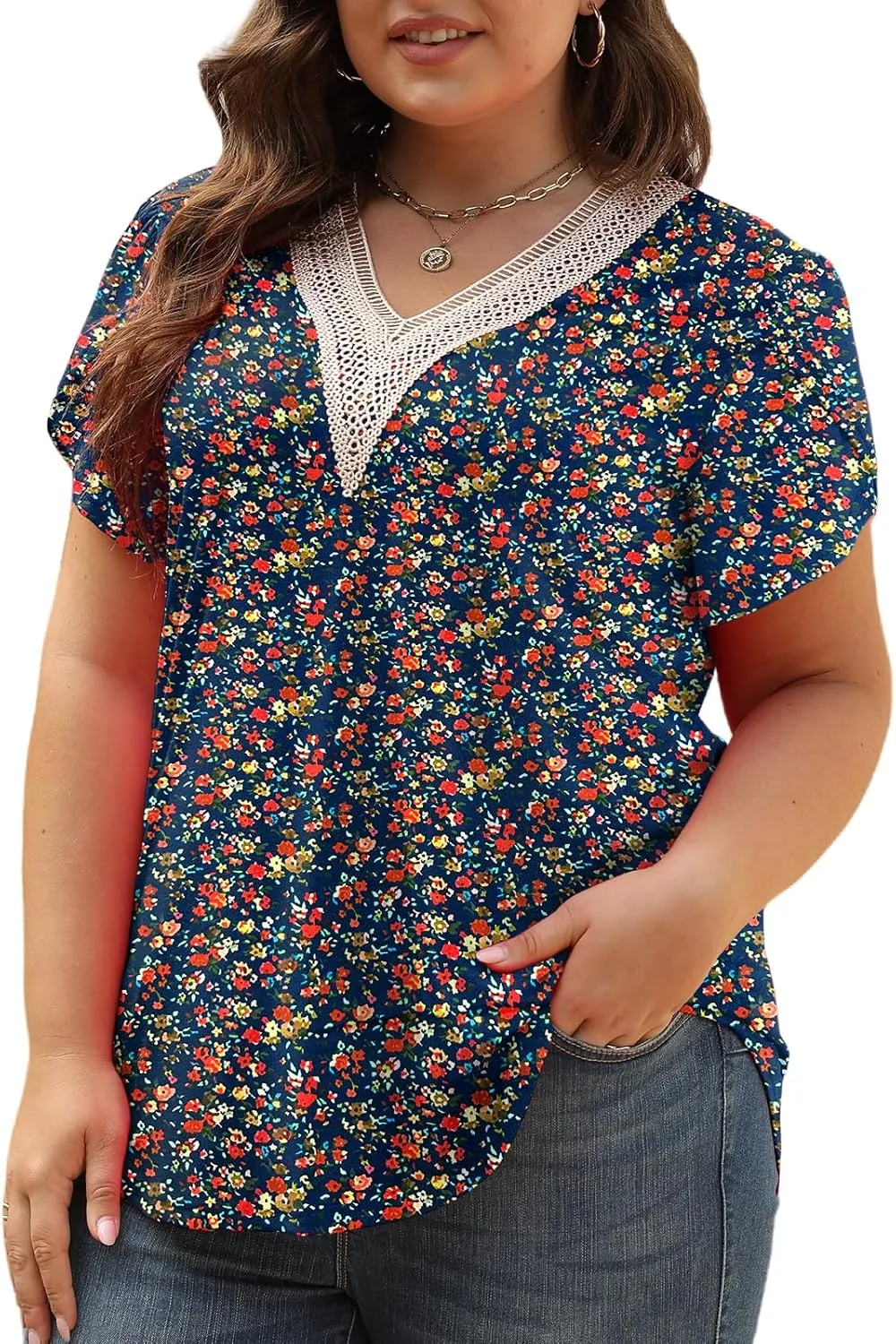 Plus-Size-Womens-Summer-Tops 2024 Lace Trim V Neck T Shirts Petal Short Sleeve Tunics Trendy Going Out Blouses XL-5XL