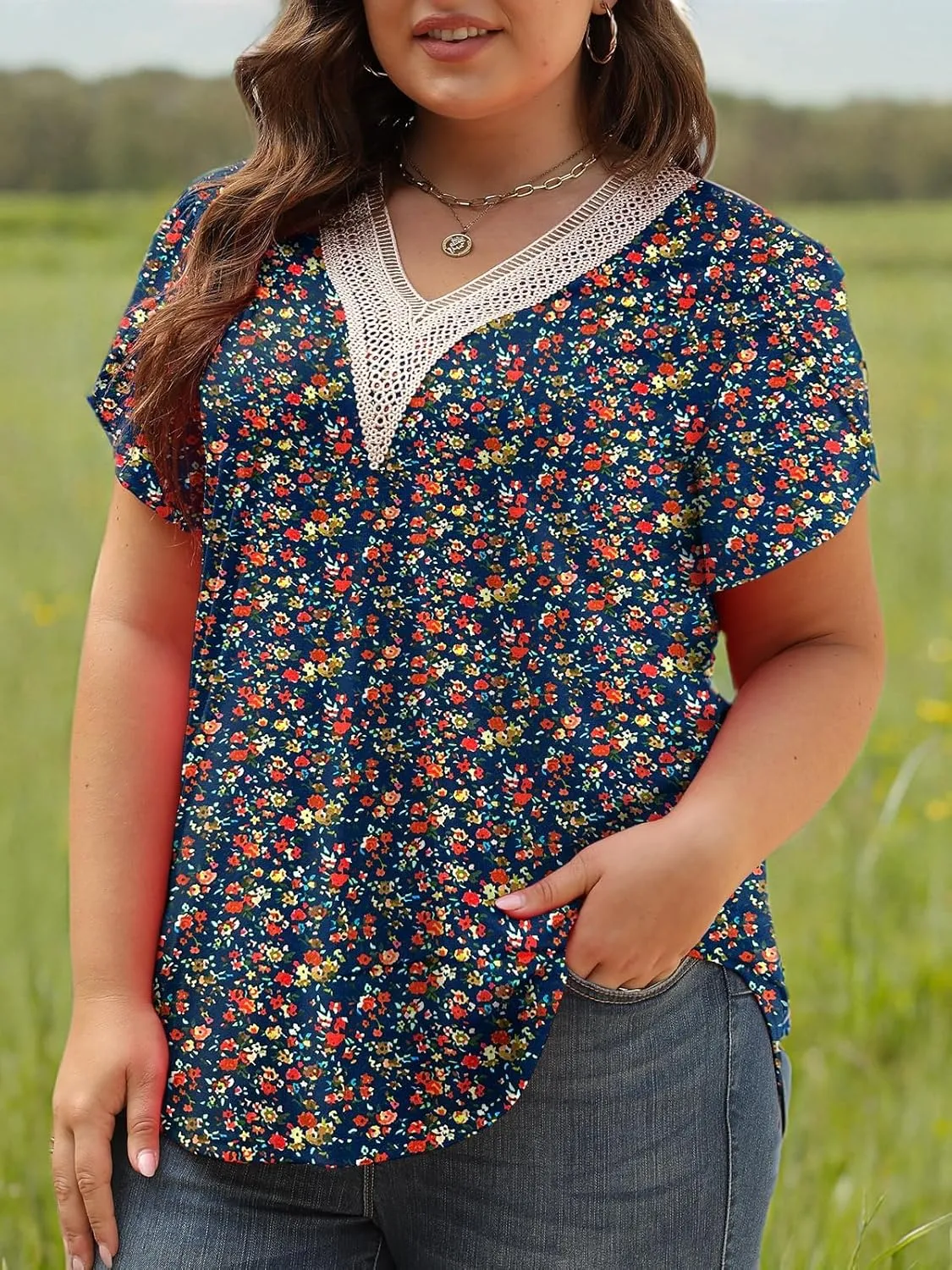 Plus-Size-Womens-Summer-Tops 2024 Lace Trim V Neck T Shirts Petal Short Sleeve Tunics Trendy Going Out Blouses XL-5XL