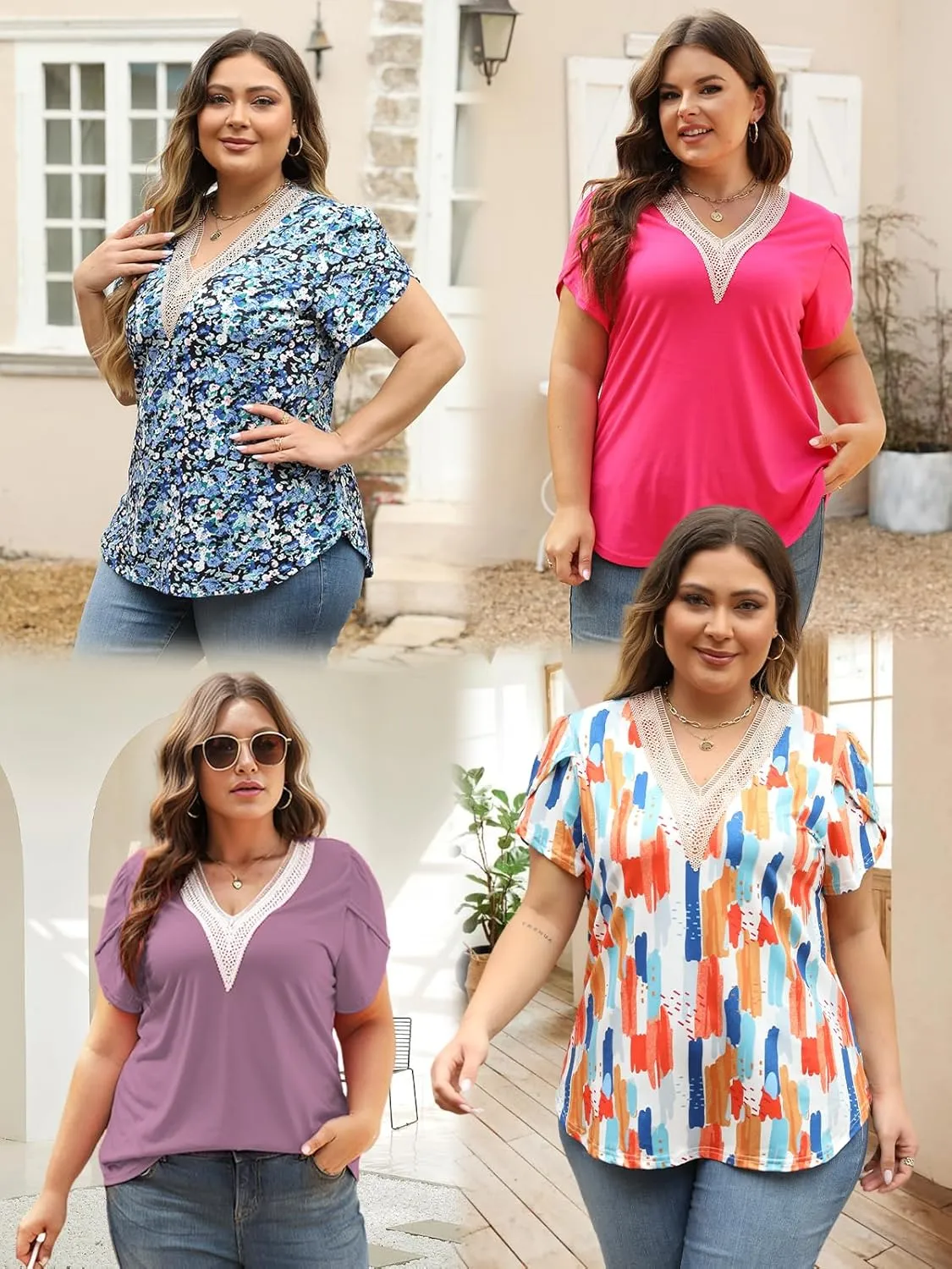 Plus-Size-Womens-Summer-Tops 2024 Lace Trim V Neck T Shirts Petal Short Sleeve Tunics Trendy Going Out Blouses XL-5XL