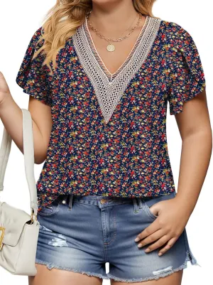 Plus-Size-Womens-Summer-Tops 2024 Lace Trim V Neck T Shirts Petal Short Sleeve Tunics Trendy Going Out Blouses XL-5XL