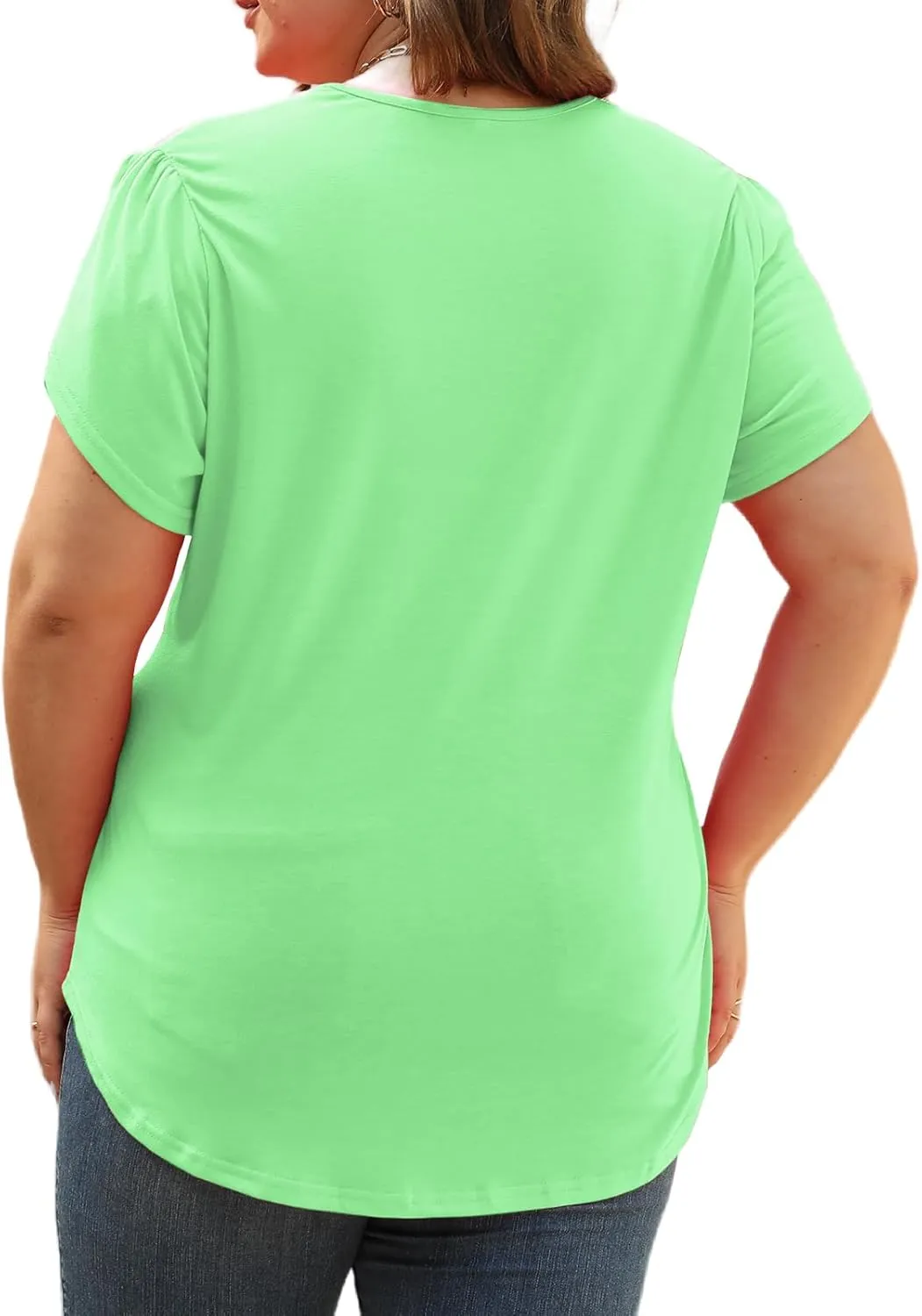 Plus-Size-Womens-Summer-Tops 2024 Lace Trim V Neck T Shirts Petal Short Sleeve Tunics Trendy Going Out Blouses XL-5XL