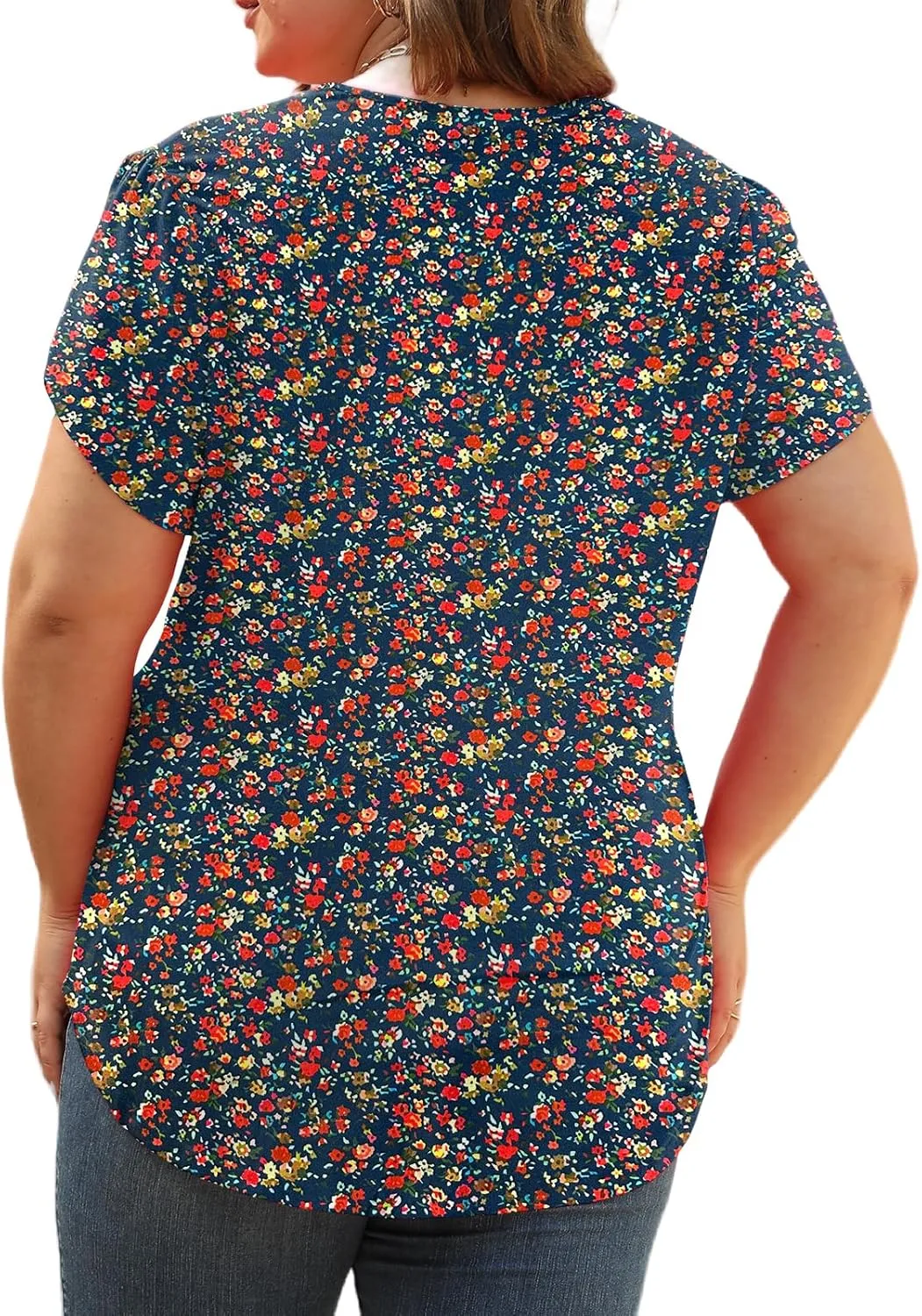 Plus-Size-Womens-Summer-Tops 2024 Lace Trim V Neck T Shirts Petal Short Sleeve Tunics Trendy Going Out Blouses XL-5XL
