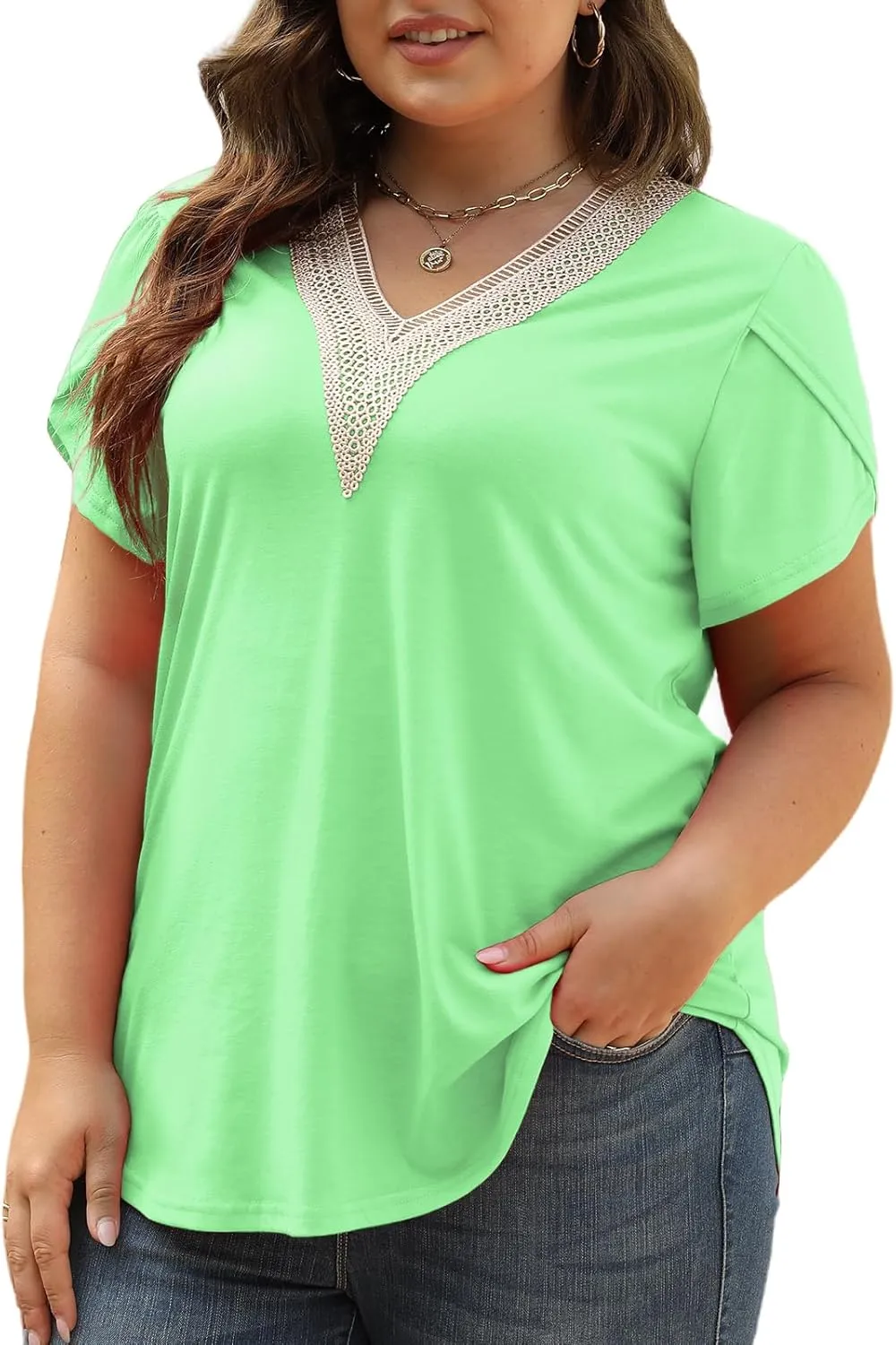 Plus-Size-Womens-Summer-Tops 2024 Lace Trim V Neck T Shirts Petal Short Sleeve Tunics Trendy Going Out Blouses XL-5XL