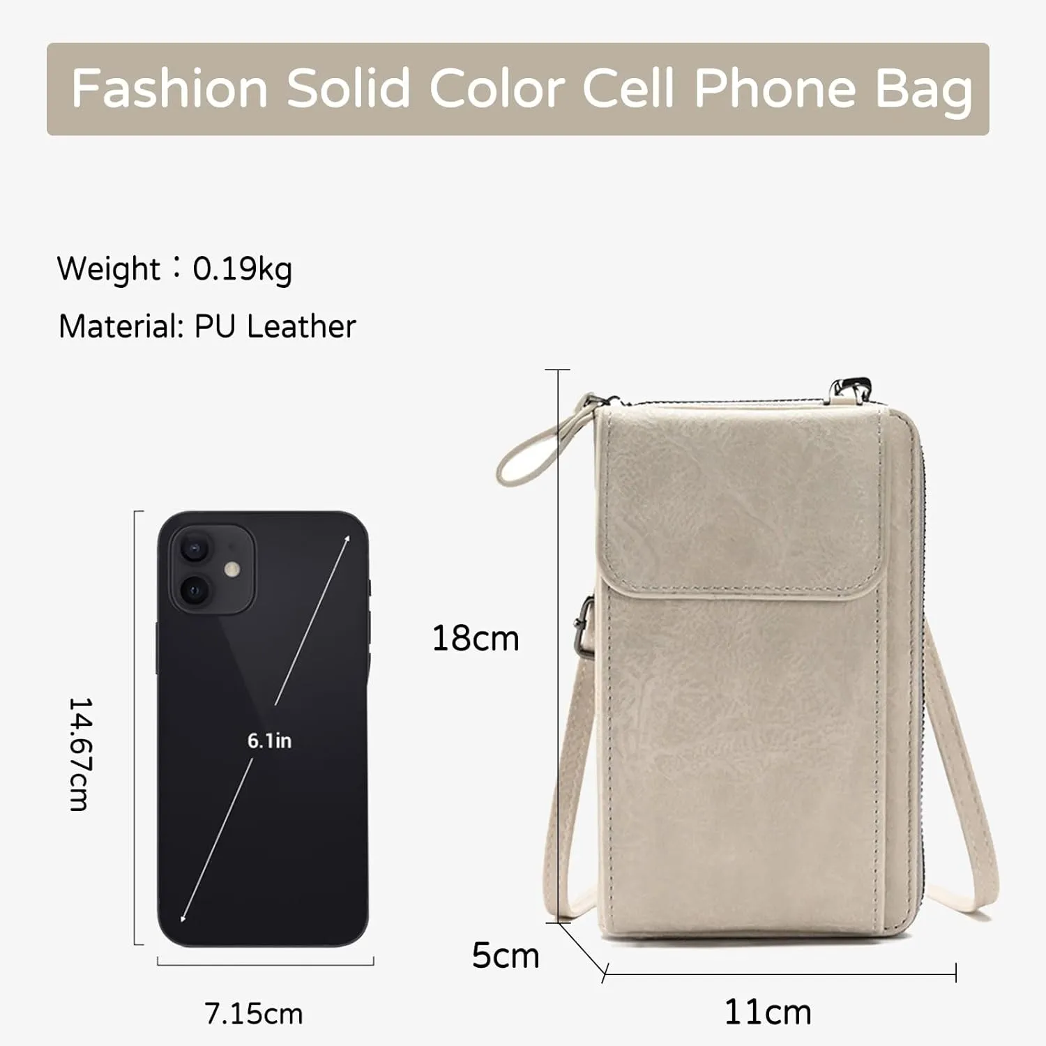 PORRASSO Phone Bag Crossbody Wallet Women Purse Shoulder Bag Ladies Satchel Light Grey