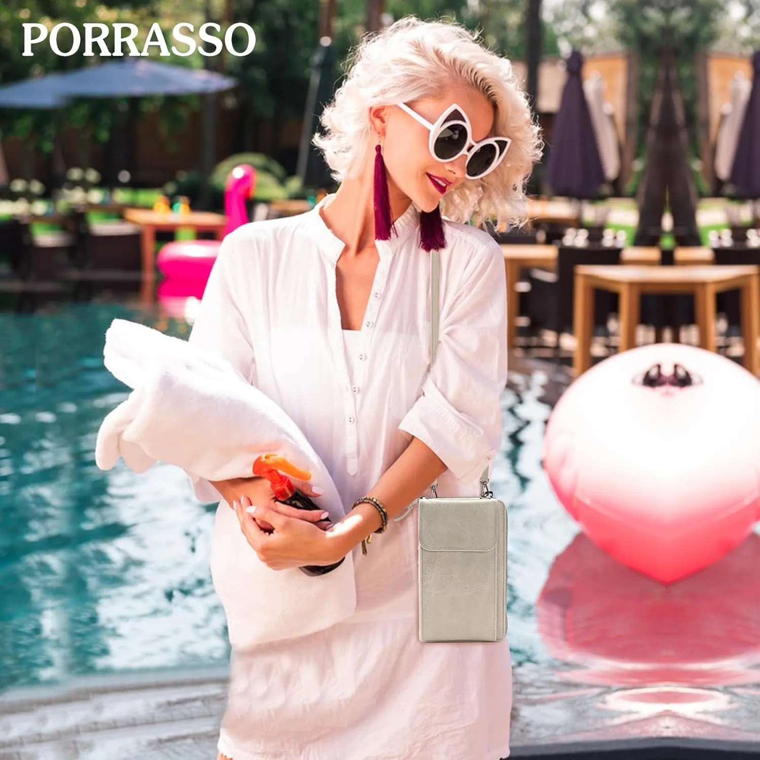 PORRASSO Phone Bag Crossbody Wallet Women Purse Shoulder Bag Ladies Satchel Light Grey