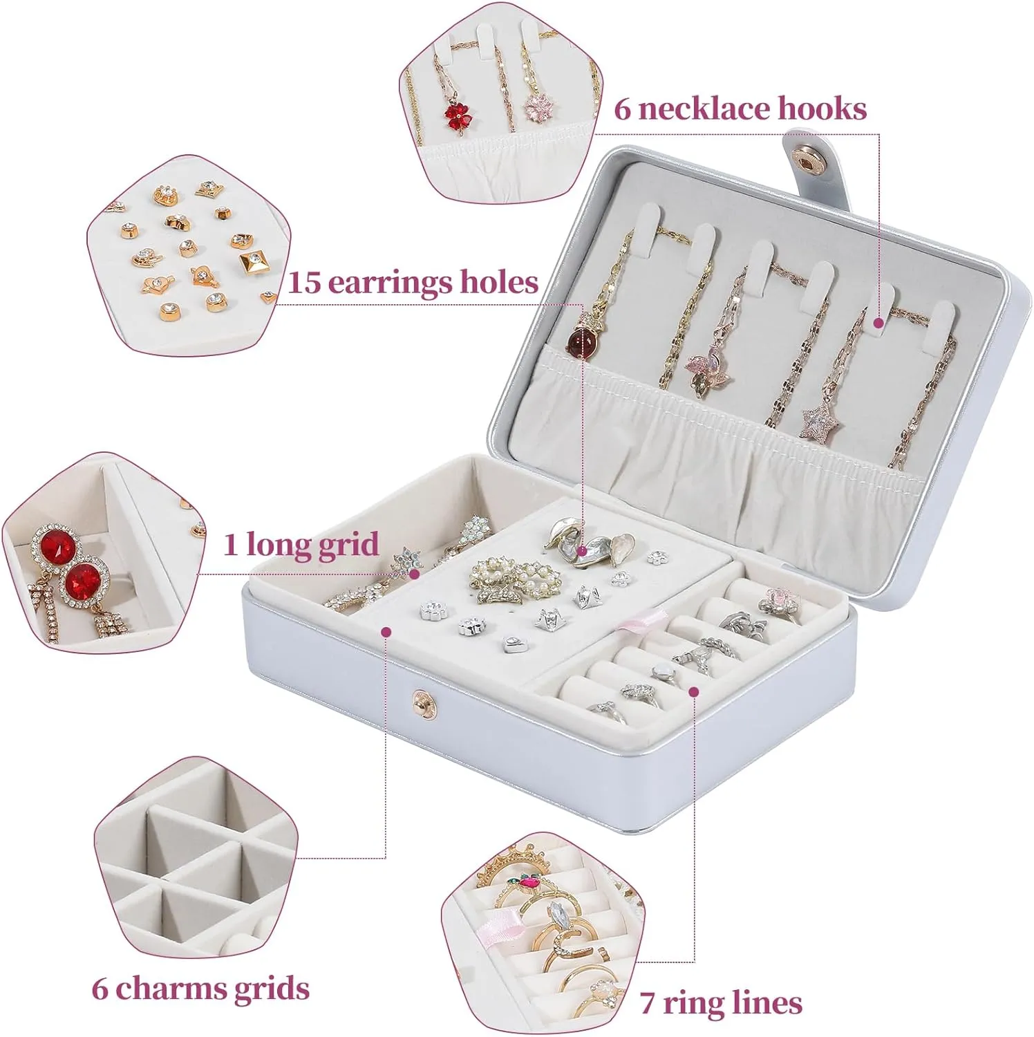 Portable Jewelry Box, 2 Layer Small Travel Jewelry Box for Women and Girls, Mini Leather Jewelry Organizer for Necklaces, Bracelet, Earrings and Rings Gift for Her (silver)