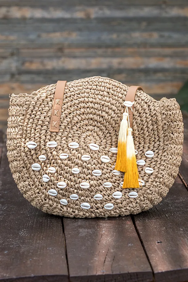 Queencii  Rita Beach Straw Bag Round Tassel Seashell Beige Orange