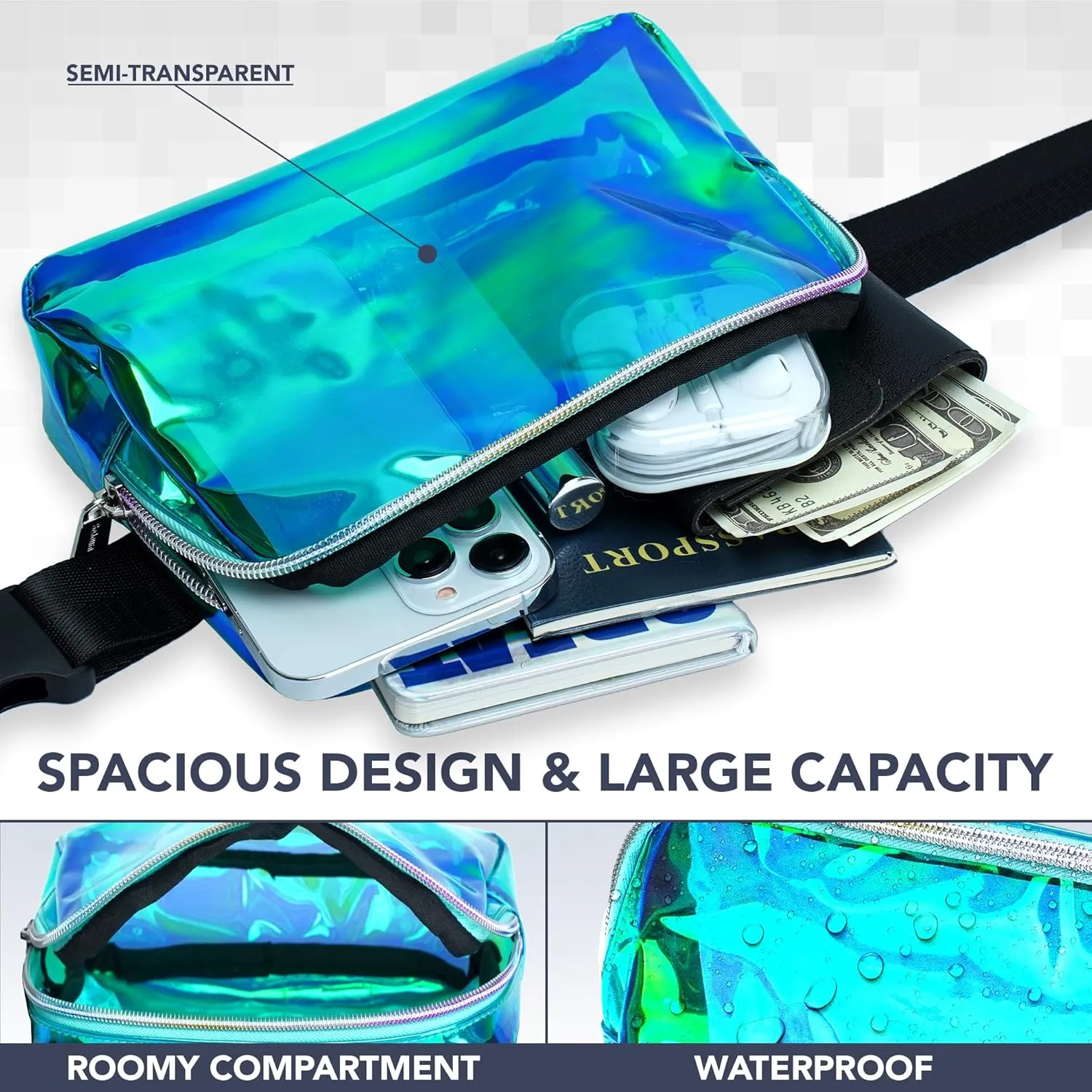 Rave Laser Aqua Crossbody Belt Bag for Women  Stylish Fanny Pack, Functional and Fashion Waist Packs for Travel, Festivals, and Everyday Use