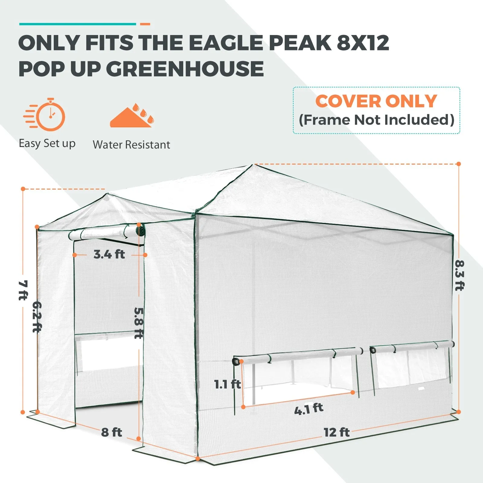 Replacement Cover for 12x8 Portable Walk-in Pop up Greenhouse(Frame Not Included)
