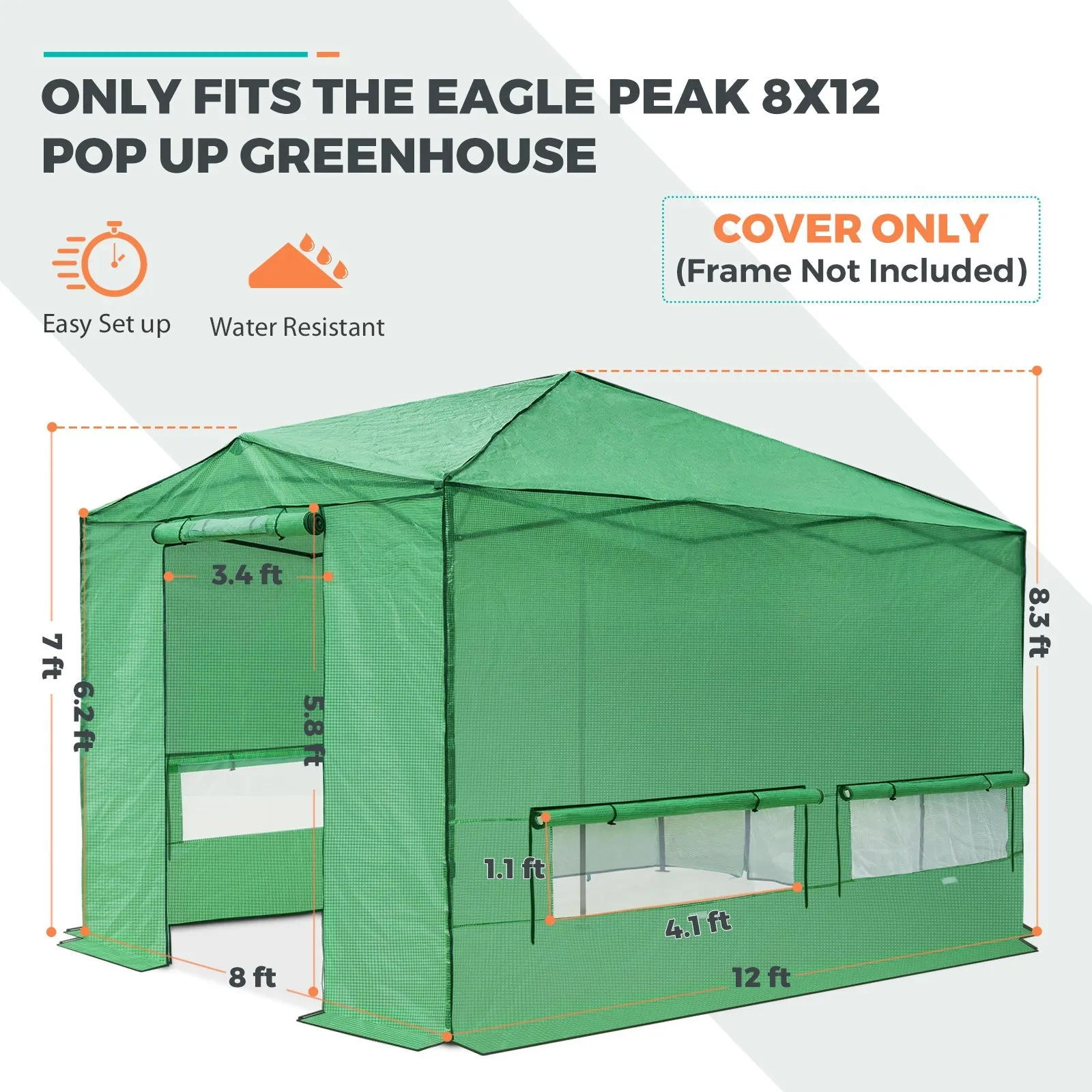 Replacement Cover for 12x8 Portable Walk-in Pop up Greenhouse(Frame Not Included)