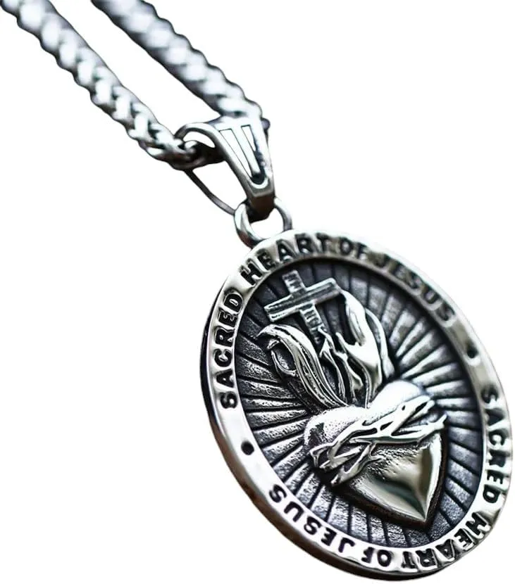 Retro Christian Sacred Heart Of Jesus Cross Pendant Necklace Men Women Stainless Steel Catholic Religious Pendant Chain Necklace DANS01632