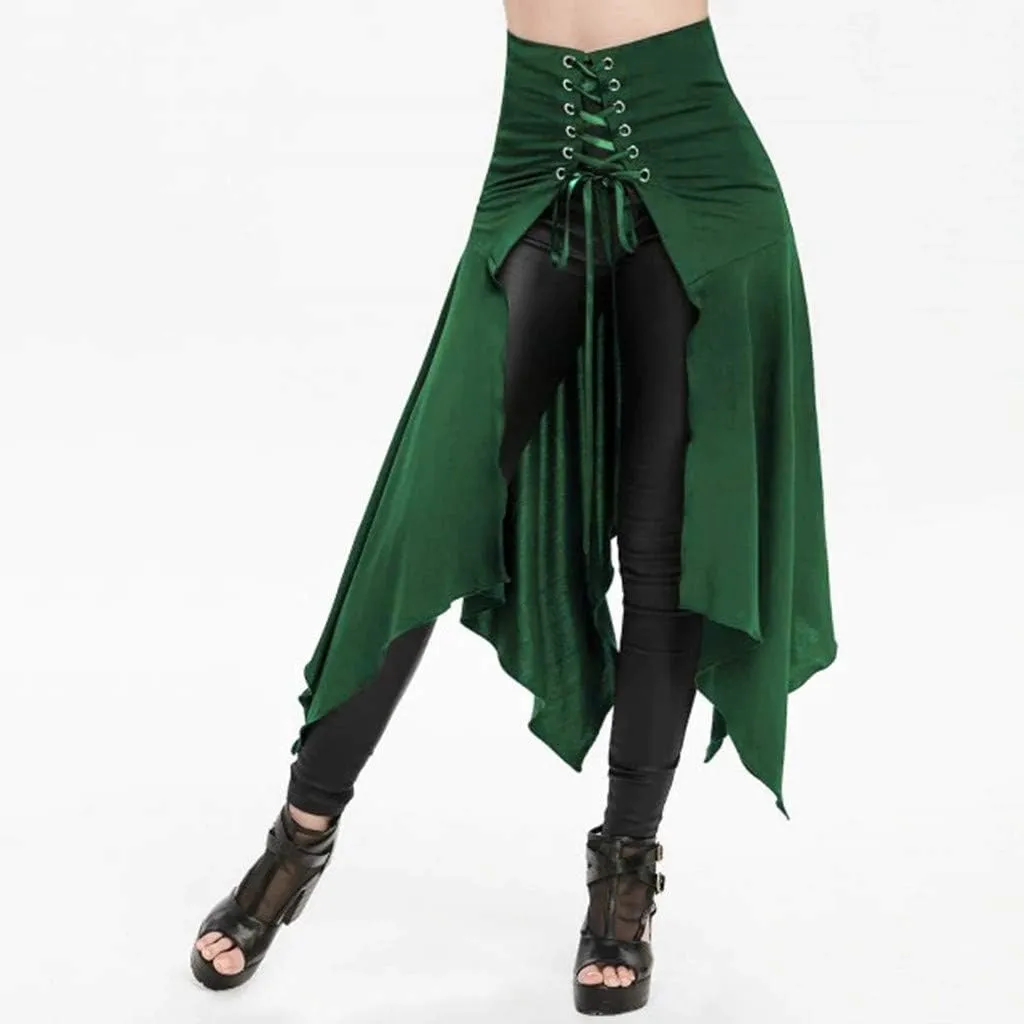 RKSTN Women Halloween Punk Skirt Asymmetric Lace-Up Slit Front Skirt Hippie Gothic Clothes High Waisted Bandage Long Skirts