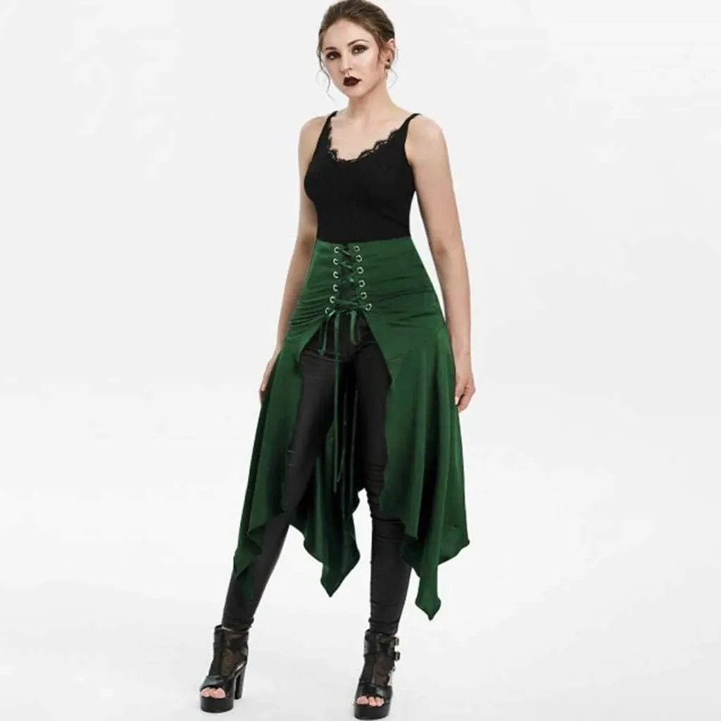 RKSTN Women Halloween Punk Skirt Asymmetric Lace-Up Slit Front Skirt Hippie Gothic Clothes High Waisted Bandage Long Skirts