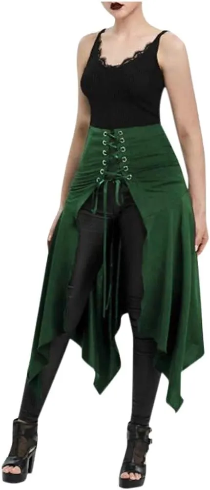 RKSTN Women Halloween Punk Skirt Asymmetric Lace-Up Slit Front Skirt Hippie Gothic Clothes High Waisted Bandage Long Skirts