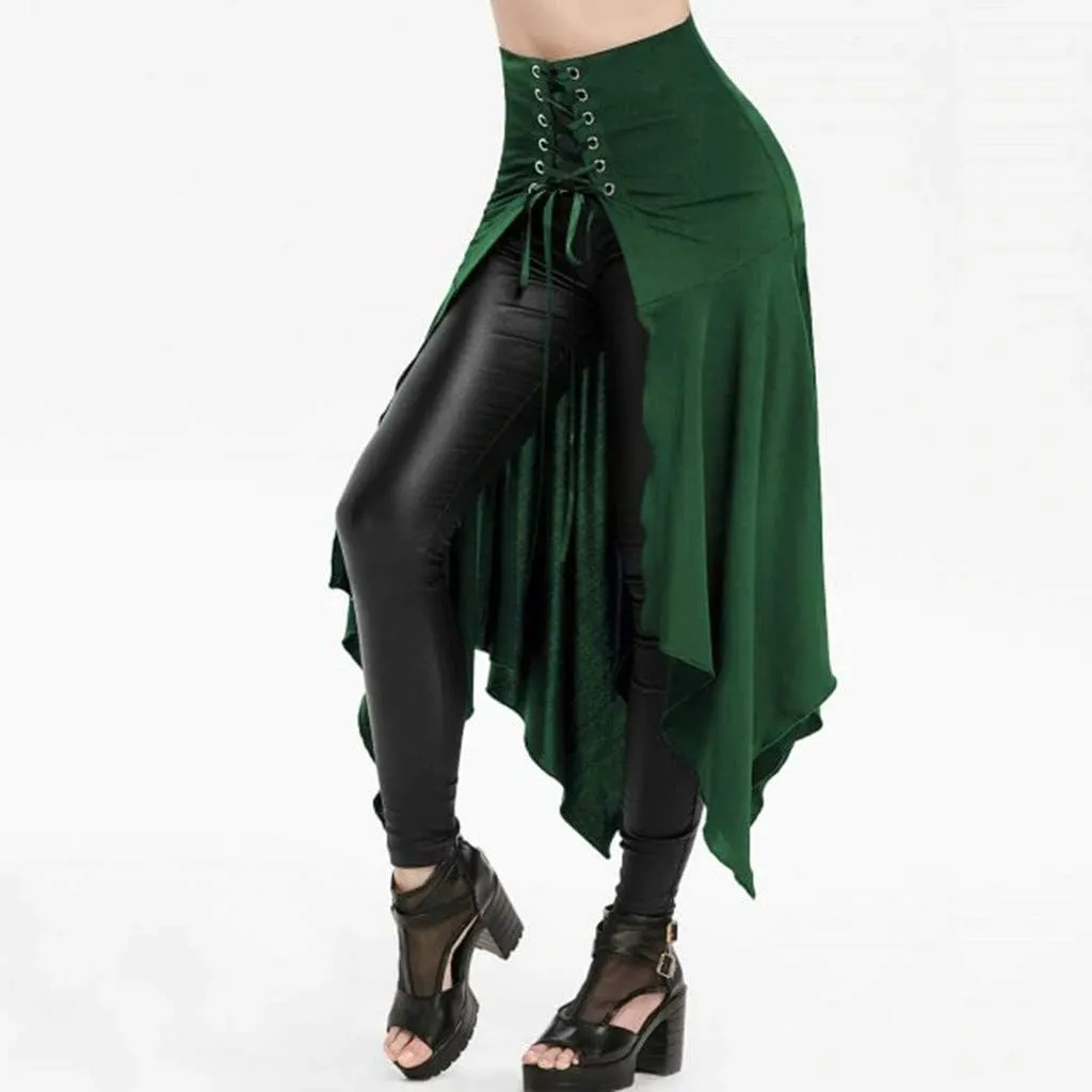 RKSTN Women Halloween Punk Skirt Asymmetric Lace-Up Slit Front Skirt Hippie Gothic Clothes High Waisted Bandage Long Skirts