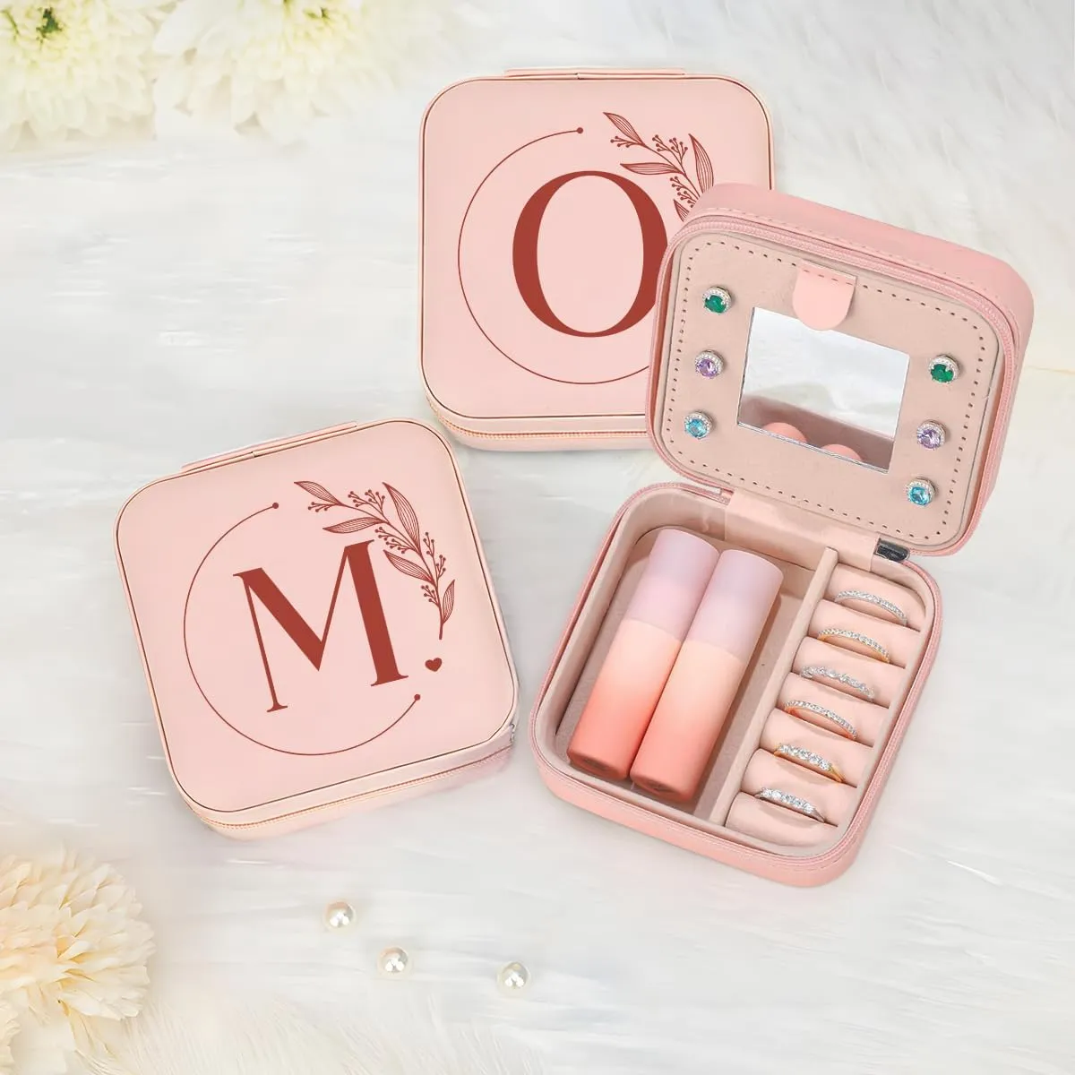 SANDJEST Personalized Jewelry Box, Pink Small Travel Jewelry Box with Initial M, Monogrammed Jewelry Case Organizer for Girls Women Teen, Mini Travel Essentials Gifts for Christmas Birthday