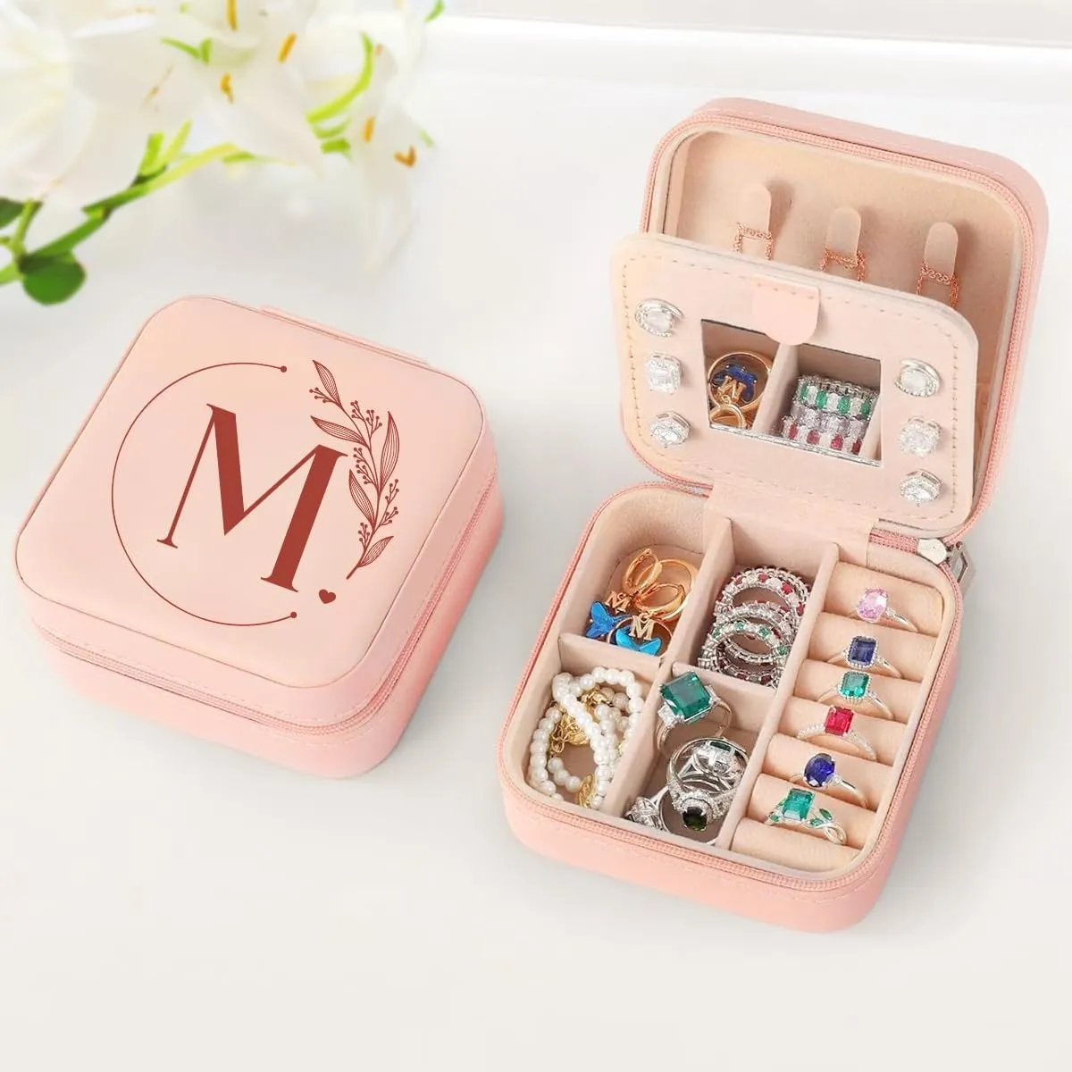 SANDJEST Personalized Jewelry Box, Pink Small Travel Jewelry Box with Initial M, Monogrammed Jewelry Case Organizer for Girls Women Teen, Mini Travel Essentials Gifts for Christmas Birthday