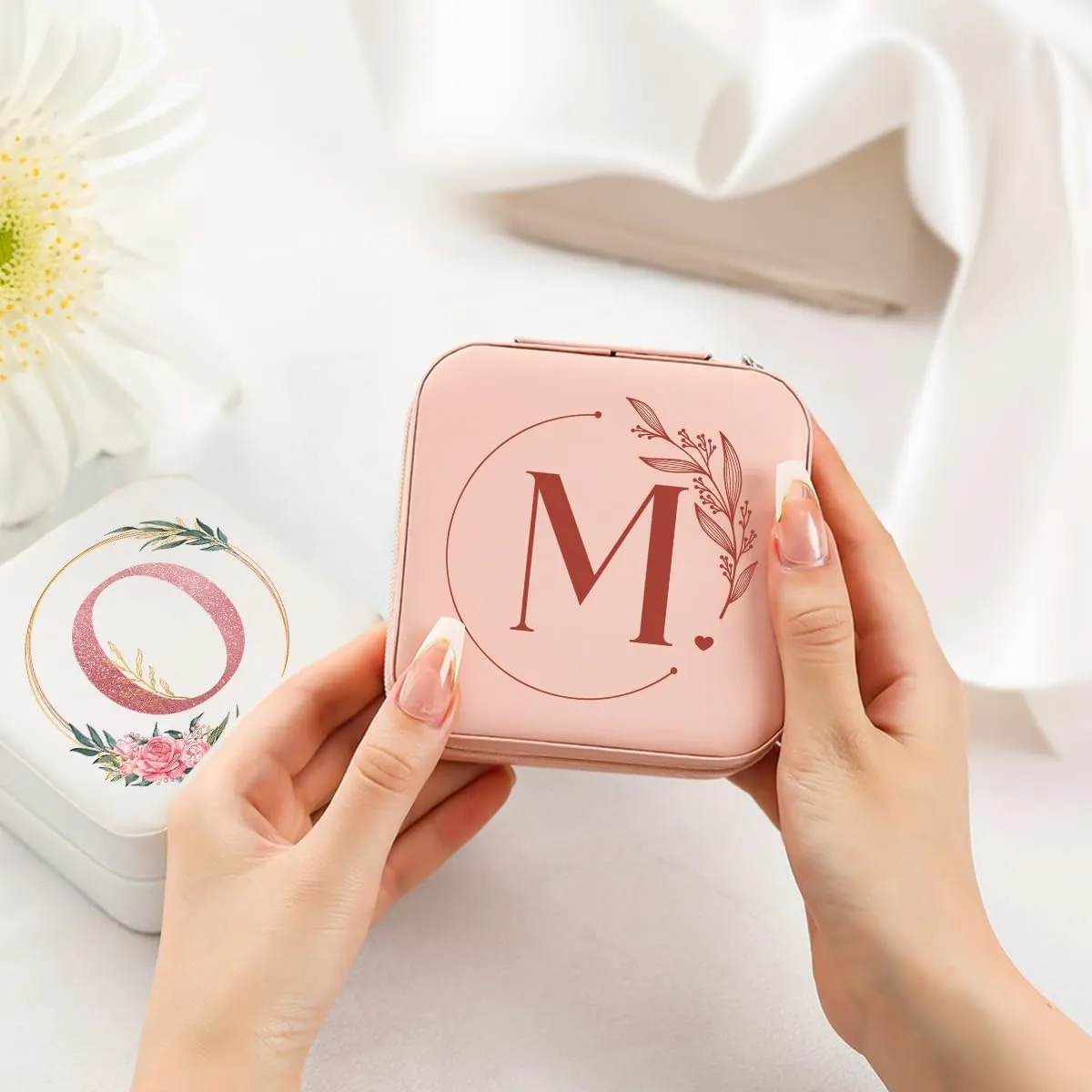 SANDJEST Personalized Jewelry Box, Pink Small Travel Jewelry Box with Initial M, Monogrammed Jewelry Case Organizer for Girls Women Teen, Mini Travel Essentials Gifts for Christmas Birthday