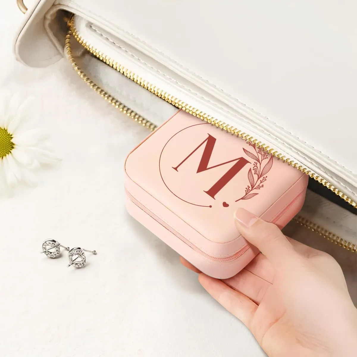 SANDJEST Personalized Jewelry Box, Pink Small Travel Jewelry Box with Initial M, Monogrammed Jewelry Case Organizer for Girls Women Teen, Mini Travel Essentials Gifts for Christmas Birthday