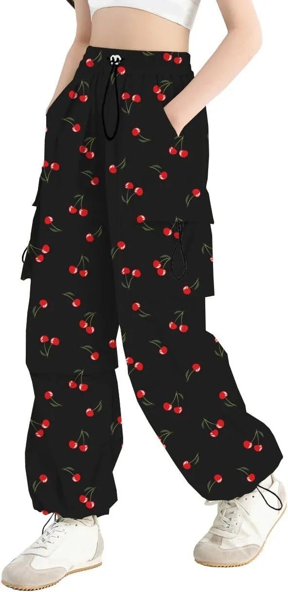 SANGTREE Girls Pants Loose Lightweight Drawstring Waist Hip Hop Parachute Pants,6-14 Years