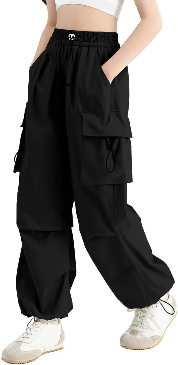 SANGTREE Girls Pants Loose Lightweight Drawstring Waist Hip Hop Parachute Pants,6-14 Years