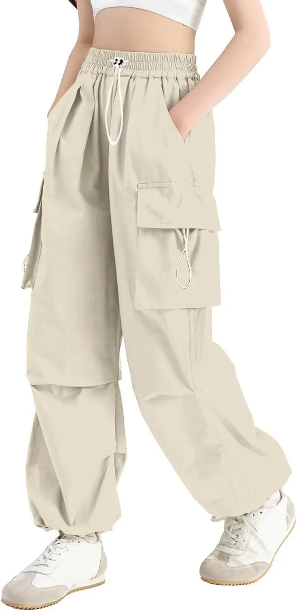 SANGTREE Girls Pants Loose Lightweight Drawstring Waist Hip Hop Parachute Pants,6-14 Years