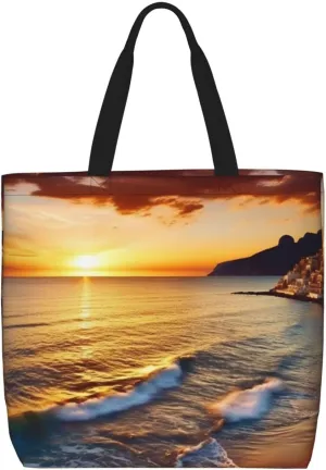 Seaside Sunset Tote Bag for Women Hobo Handbags with Zipper Large Shoulder Bag Shopping Bags Travel Purse