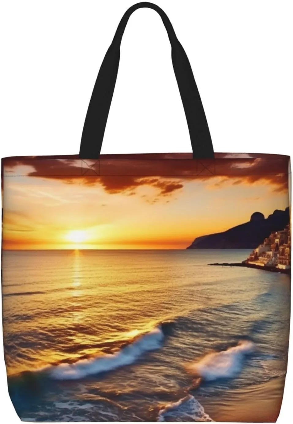 Seaside Sunset Tote Bag for Women Hobo Handbags with Zipper Large Shoulder Bag Shopping Bags Travel Purse