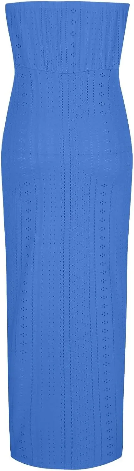 Sexy Dresses for Women Trendy Strapless Wrap Slit Eyelet Dress Fashion High Waist Ruched Bodycon Cocktail Party Dress