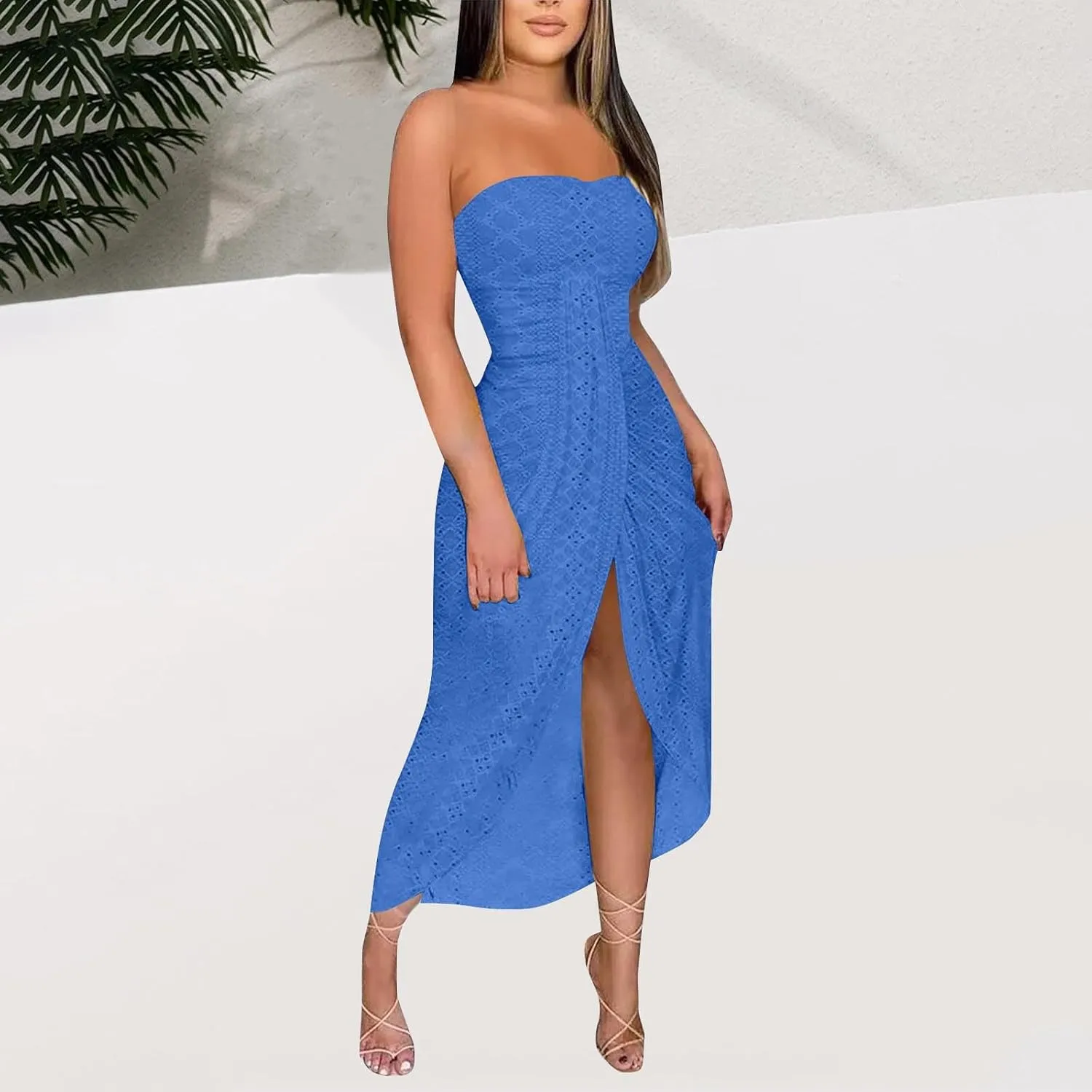 Sexy Dresses for Women Trendy Strapless Wrap Slit Eyelet Dress Fashion High Waist Ruched Bodycon Cocktail Party Dress