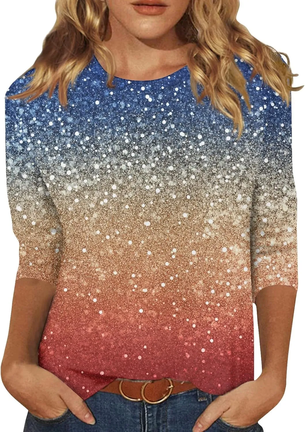 Shirts for Women 3/4 Sleeve Trendy Cute Print Round Neck Lightweight Three Quarter Length Summer Tops