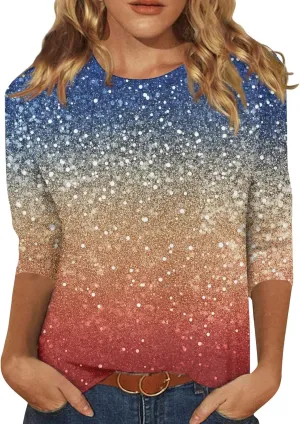 Shirts for Women 3/4 Sleeve Trendy Cute Print Round Neck Lightweight Three Quarter Length Summer Tops