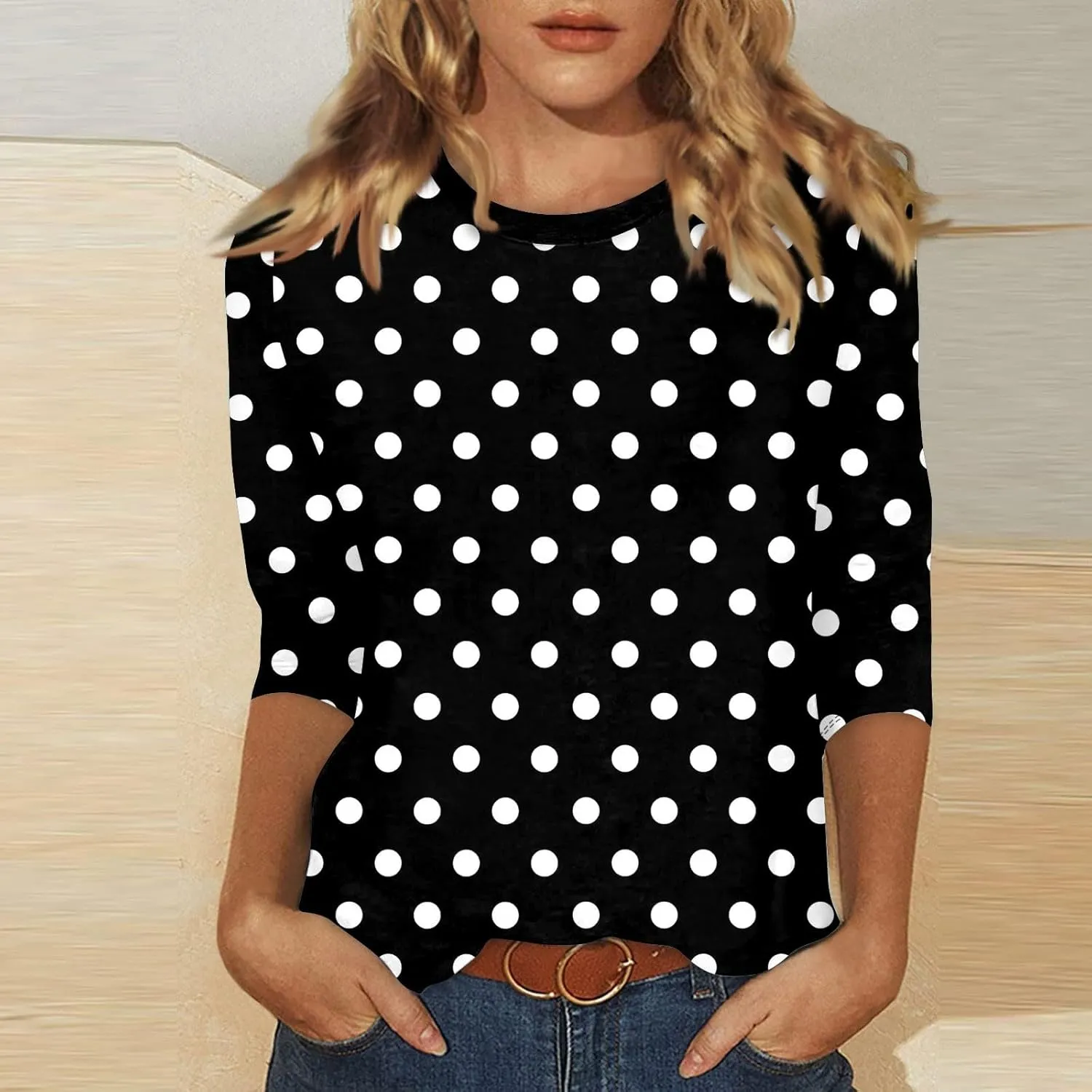 Shirts for Women 3/4 Sleeve Trendy Cute Print Round Neck Lightweight Three Quarter Length Summer Tops