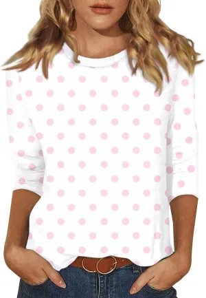 Shirts for Women 3/4 Sleeve Trendy Cute Print Round Neck Lightweight Three Quarter Length Summer Tops