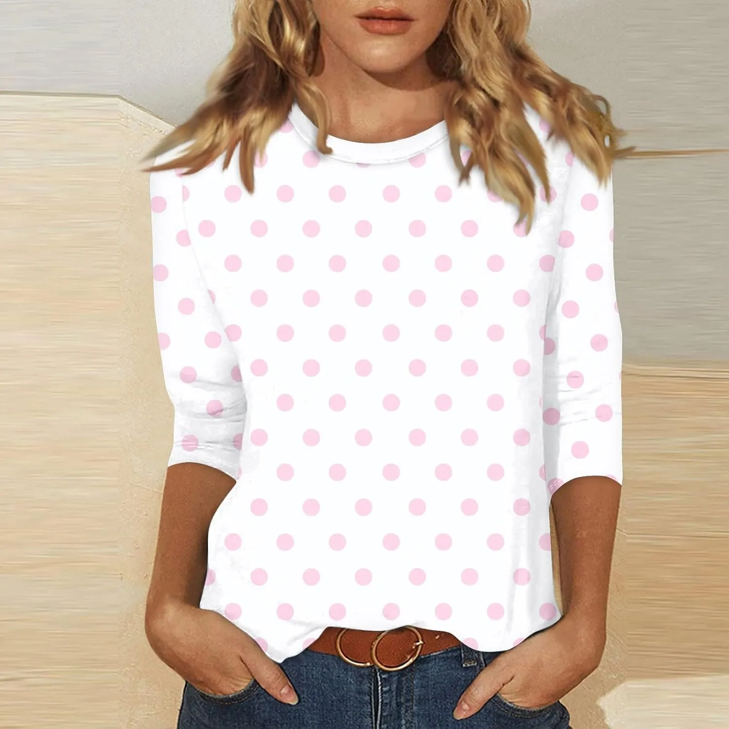 Shirts for Women 3/4 Sleeve Trendy Cute Print Round Neck Lightweight Three Quarter Length Summer Tops