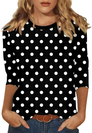 Shirts for Women 3/4 Sleeve Trendy Cute Print Round Neck Lightweight Three Quarter Length Summer Tops