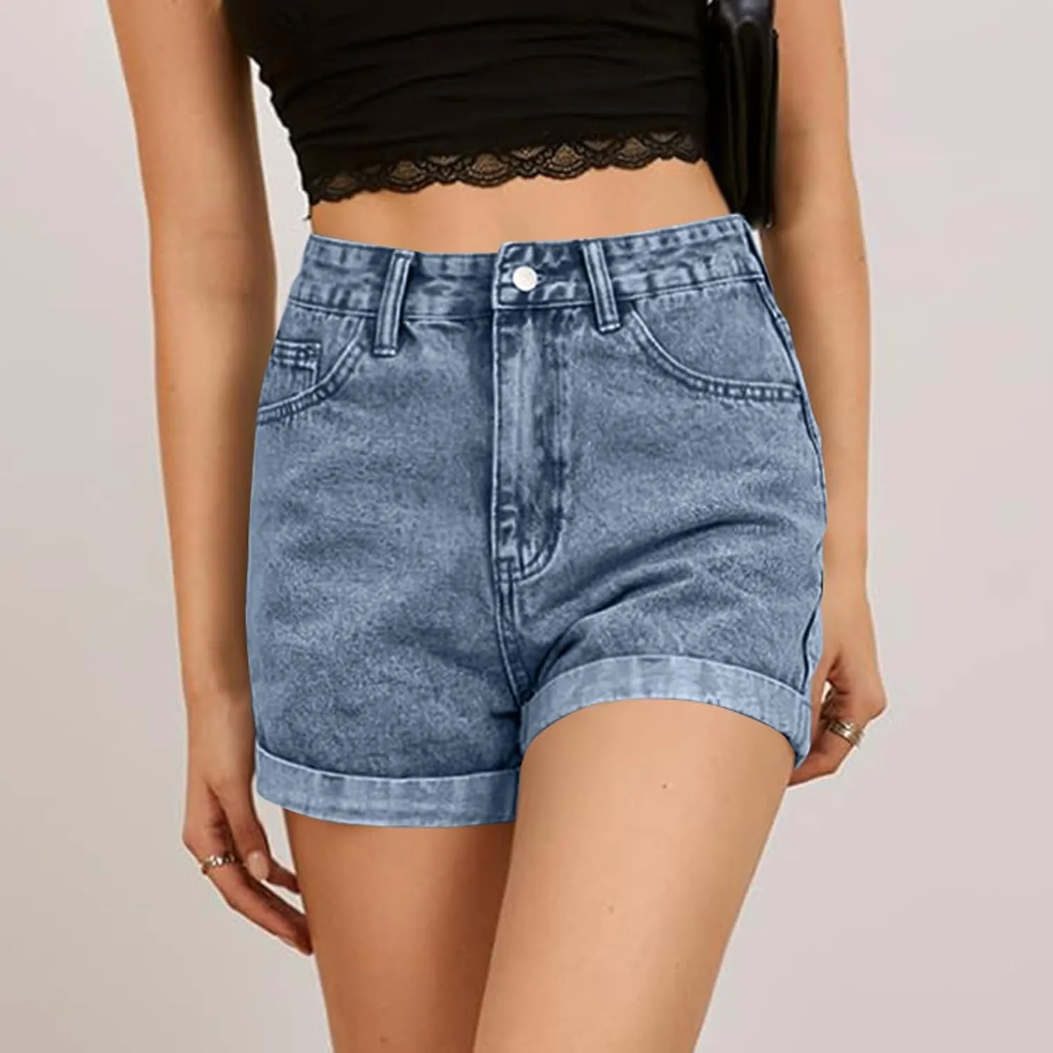 Shorts for Women High Waisted Stretch Fold Hem Wide Leg Jean Shorts Loose Fit Casual Denim Pants with Pockets