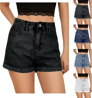 Shorts for Women High Waisted Stretch Fold Hem Wide Leg Jean Shorts Loose Fit Casual Denim Pants with Pockets