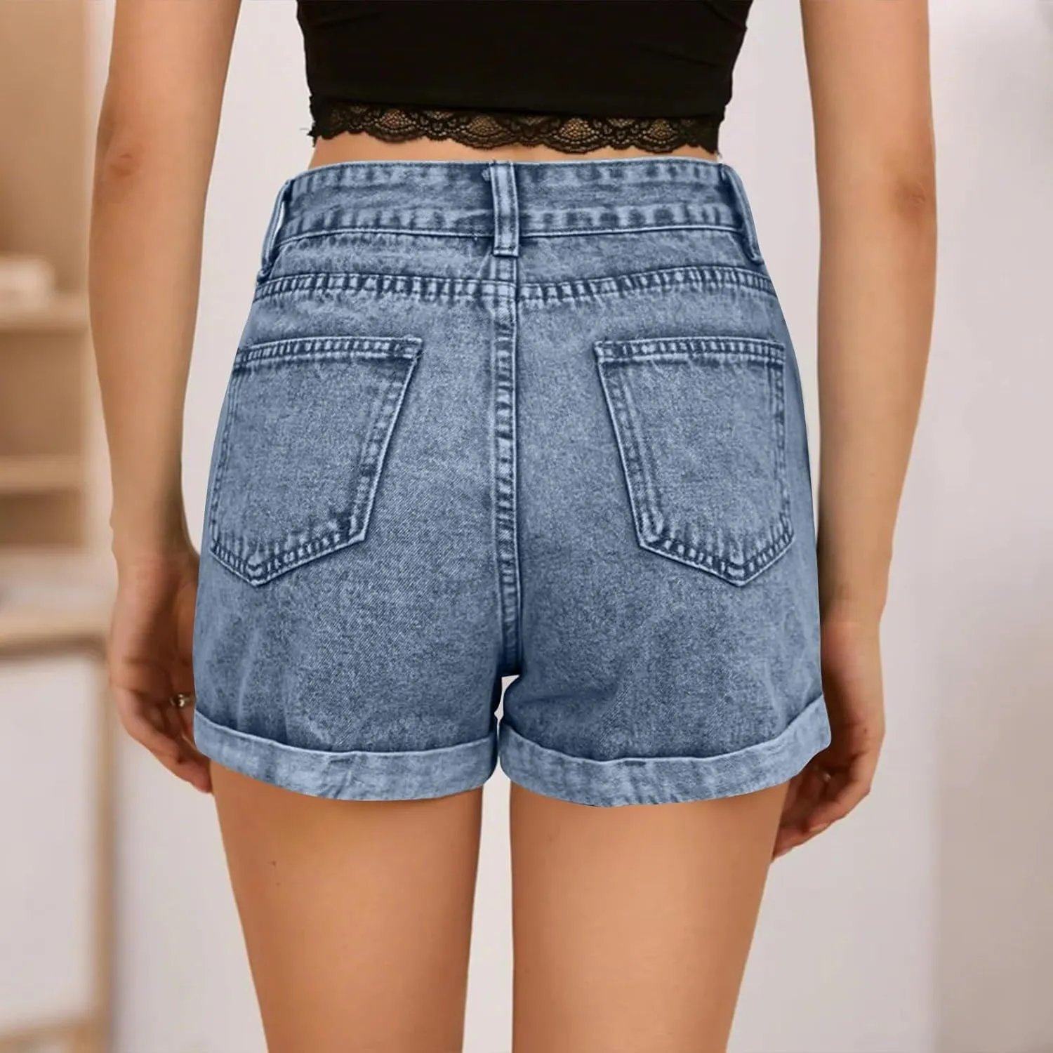 Shorts for Women High Waisted Stretch Fold Hem Wide Leg Jean Shorts Loose Fit Casual Denim Pants with Pockets