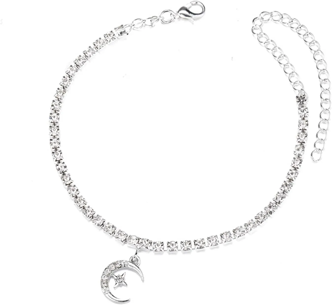 Silver Ankle Bracelets for Women Waterproof Adjustable Rhinestone Butterfly Anklets Layered Heart Moon Ankle Bracelets Summer Beach Foot Chain Jewelry
