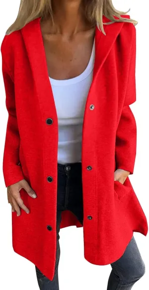 Sinzelimin Women's Trench Coat Fashion Solid Color Button Front Mid-Length Jacket Hooded Windbreaker Going Out Outerwear Coat