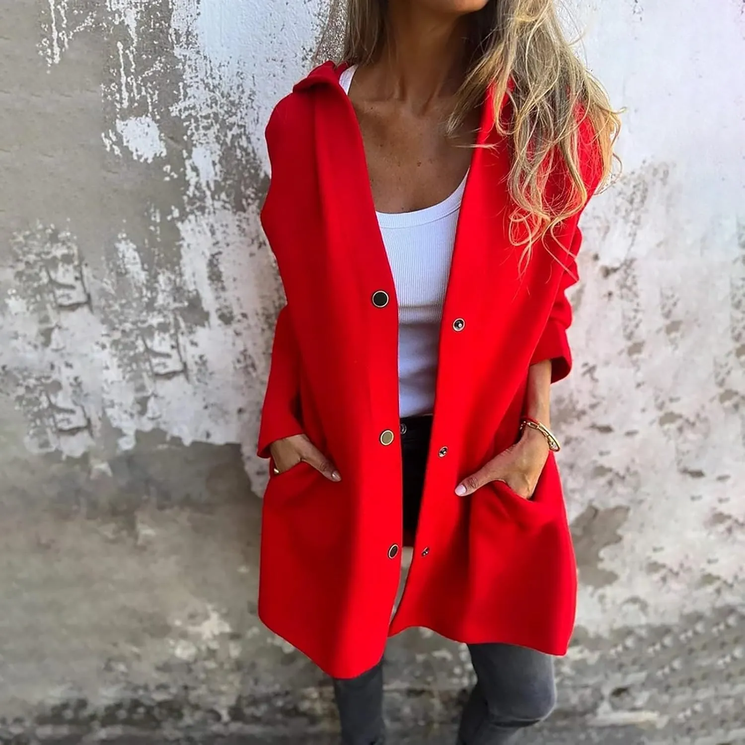 Sinzelimin Women's Trench Coat Fashion Solid Color Button Front Mid-Length Jacket Hooded Windbreaker Going Out Outerwear Coat