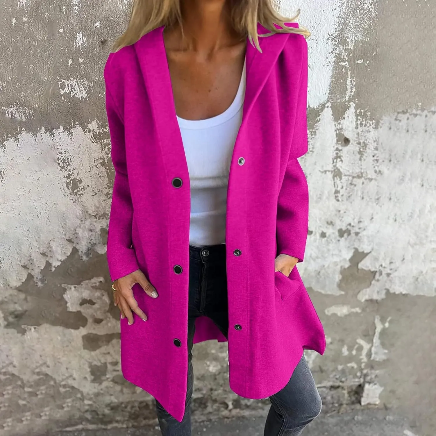 Sinzelimin Women's Trench Coat Fashion Solid Color Button Front Mid-Length Jacket Hooded Windbreaker Going Out Outerwear Coat