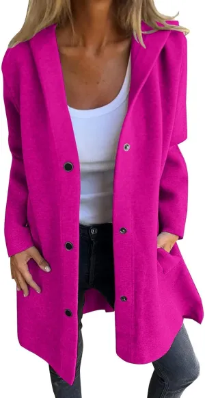 Sinzelimin Women's Trench Coat Fashion Solid Color Button Front Mid-Length Jacket Hooded Windbreaker Going Out Outerwear Coat