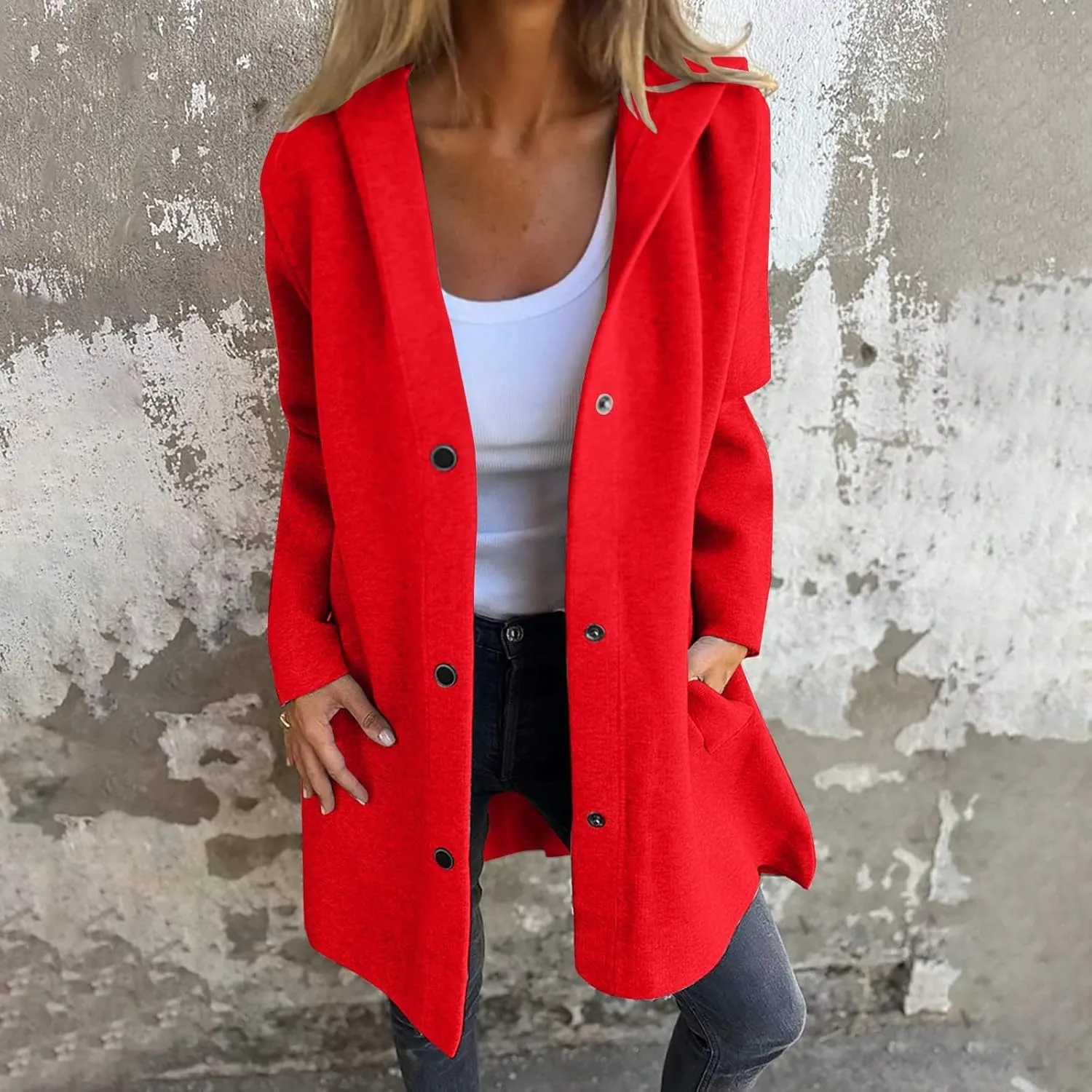 Sinzelimin Women's Trench Coat Fashion Solid Color Button Front Mid-Length Jacket Hooded Windbreaker Going Out Outerwear Coat