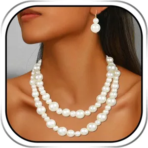 Sixexey Pearl Jewelry Set White Wedding Necklace Earring Layered Bridal Costume Necklace Jewelry Accessories for Women