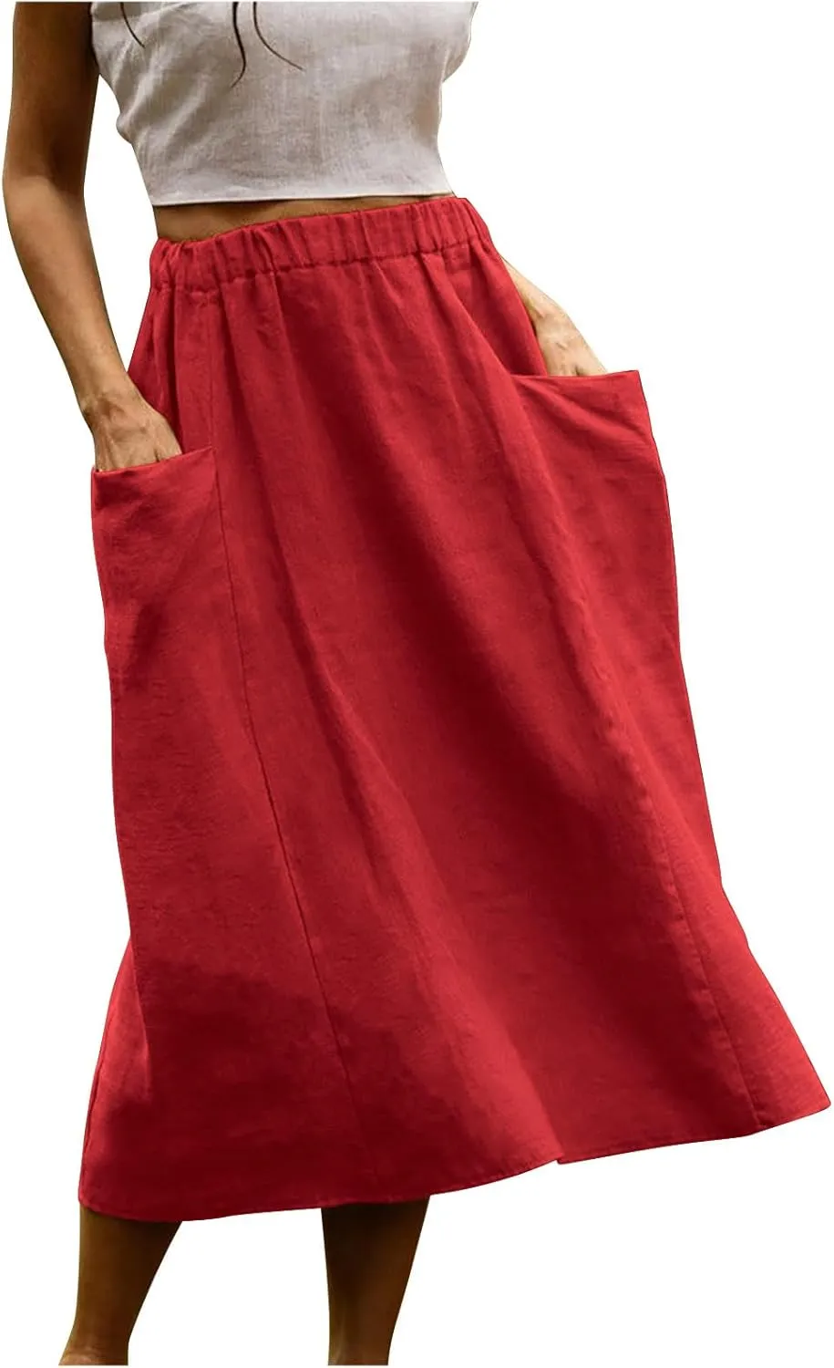Skirt for Women Fall Casual High Waist Pleated A-Line Skirts Midi Long Length Cotton Linne Skirt with Pockets